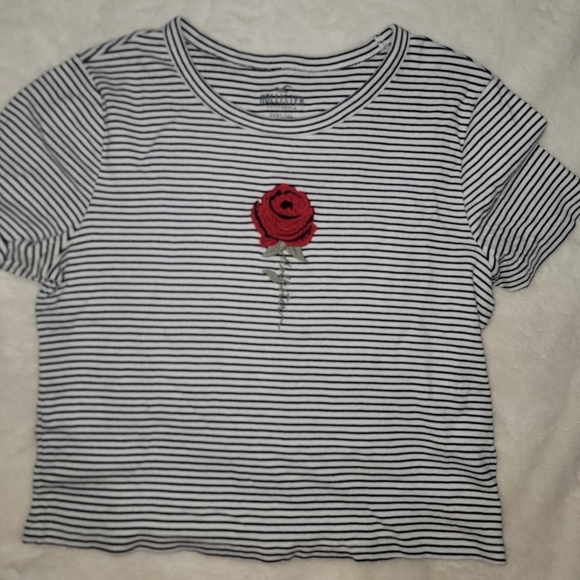 Hollister Striped Black and White Top with Red Rose Embroidery - Picture 1 of 3